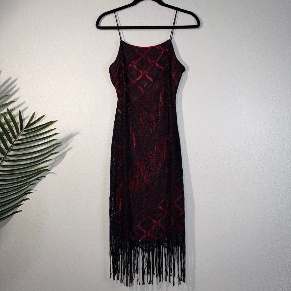 Vintage Hourglass Black Lace Overlay Red Slip Fringe Dress - M